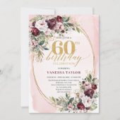 Modern Boho Burgundy Roses 60th Birthday Invite 招待状 (正面)