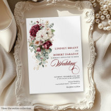Modern Boho Burgundy White Rose Wedding Invitation