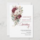 Modern Boho Burgundy White Rose Wedding Invitation 招待状 (正面)