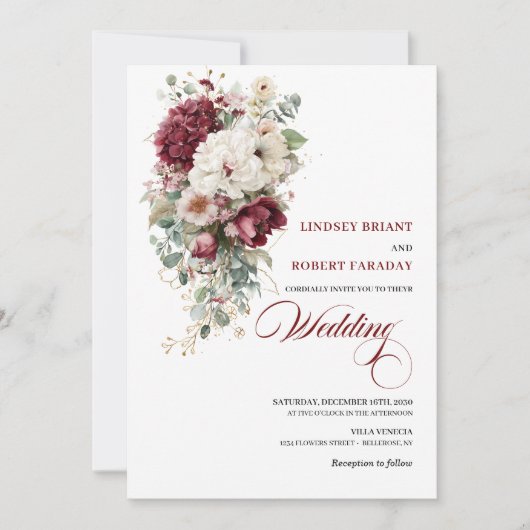 Modern Boho Burgundy White Rose Wedding Invitation 招待状 (正面)
