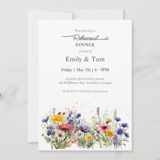 Modern Boho Chic Wildflower Rehearsal Dinner 招待状 (正面)