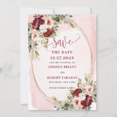 Modern Boho Deep Red Blush Gold Floral Save Date 招待状 (正面)