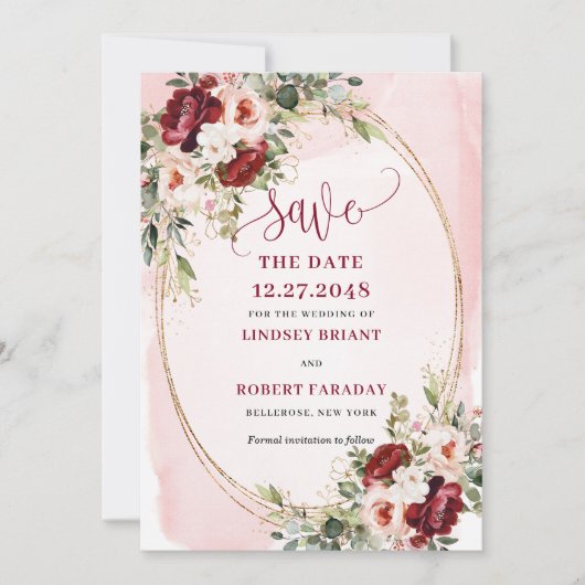 Modern Boho Deep Red Blush Gold Floral Save Date 招待状 (正面)