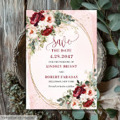 Modern Boho Deep Red Blush Gold Floral Save Date 招待状