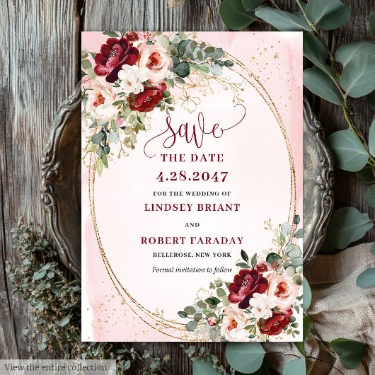 Modern Boho Deep Red Blush Gold Floral Save Date 招待状