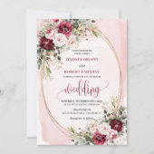 Modern Boho Deep Red Blush Gold Roses Sage Wedding 招待状 (正面)