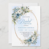 Modern Boho Dusty Blue Flowers Gold Bridal Shower 招待状 (正面)