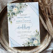 Modern Boho Dusty Blue Silver Roses Wedding Invite 招待状