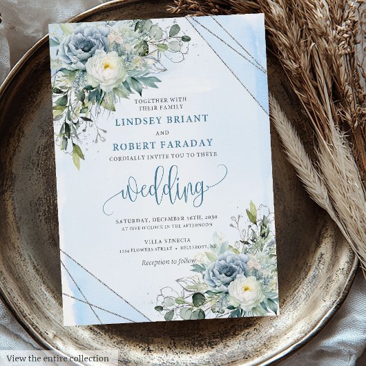 Modern Boho Dusty Blue Silver Roses Wedding Invite 招待状