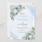 Modern Boho Dusty Blue Silver Roses Wedding Invite 招待状 (正面)