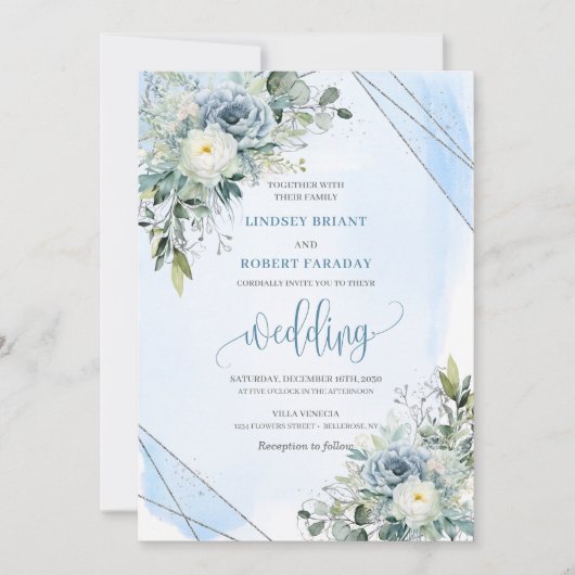 Modern Boho Dusty Blue Silver Roses Wedding Invite 招待状 (正面)