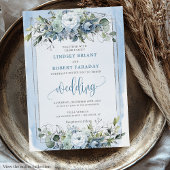 Modern Boho Dusty Blue White Silver Roses Wedding  招待状