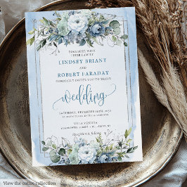 Modern Boho Dusty Blue White Silver Roses Wedding  招待状