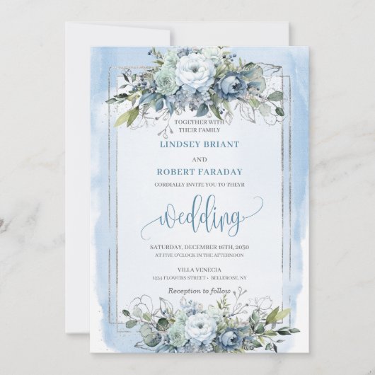 Modern Boho Dusty Blue White Silver Roses Wedding  招待状 (正面)