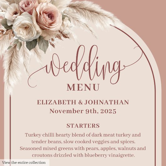 Modern Boho Dusty Pink Pampas Floral Wedding Menu メニュー