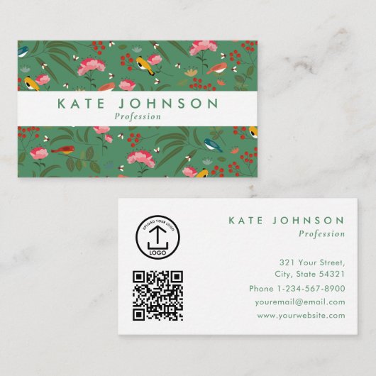 Modern Boho Floral Birds Pink Green Colorful 名刺 (正面/裏面)