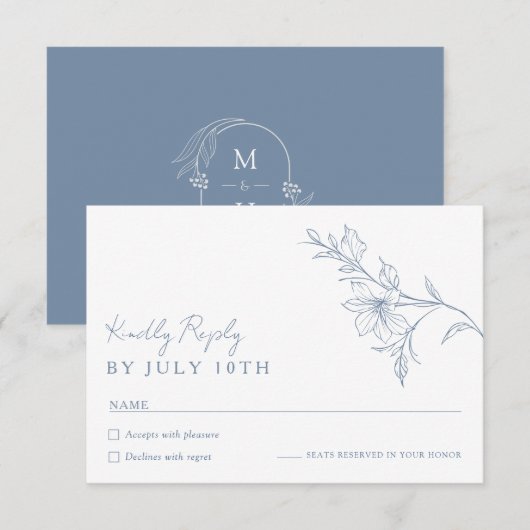 Modern Boho Floral Dusty Blue Wedding RSVP Card (正面/裏面)