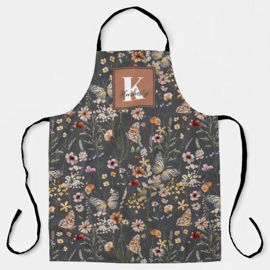 Modern Boho Floral Monogram Name エプロン (正面)