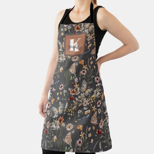 Modern Boho Floral Monogram Name エプロン (インサイチュ)