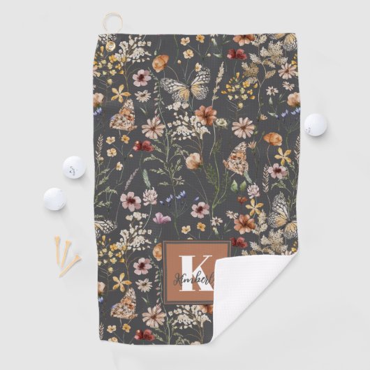 Modern Boho Floral Monogram Name ゴルフタオル (インサイチュ)