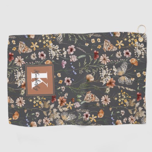 Modern Boho Floral Monogram Name ゴルフタオル (横)
