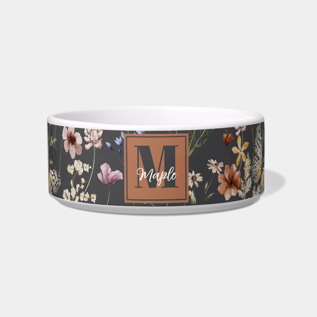 Modern Boho Floral Monogrammed Pet  ボウル (正面)