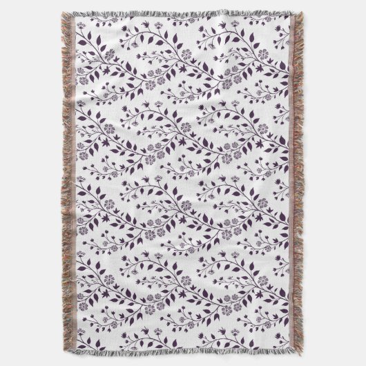 Modern Boho Floral Pattern Plum White スローブランケット (正面縦)