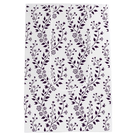 Modern Boho Floral Pattern Plum White ミディアムペーパーバッグ (裏面)