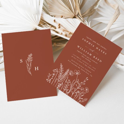 Modern Boho Floral Terracotta Burnt Orange Wedding 招待状