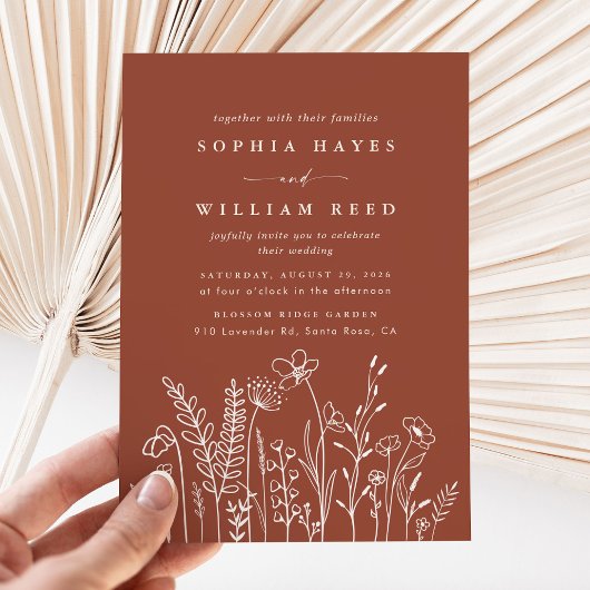 Modern Boho Floral Terracotta Burnt Orange Wedding 招待状