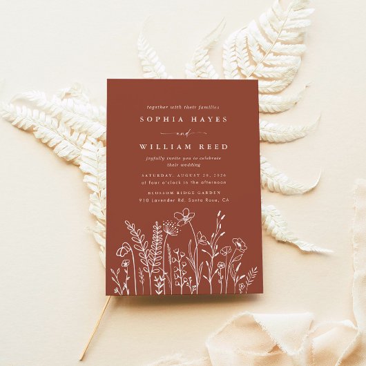 Modern Boho Floral Terracotta Burnt Orange Wedding 招待状