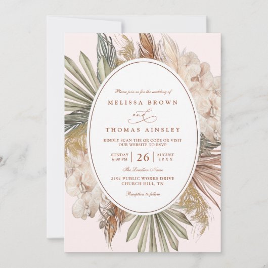 modern boho greenery pampas grass qr code wedding 招待状 (正面)