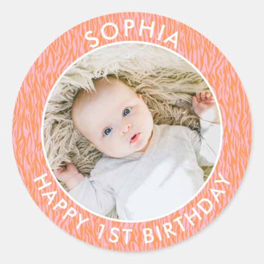 Modern Boho Happy 1st Birthday Photo Safari ラウンドシール (正面)