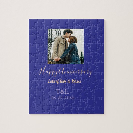 Modern boho happy anniversary add name blue orange ジグソーパズル (縦)