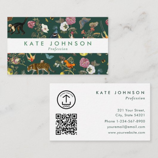 Modern Boho Jungle Animals Floral Green Colorful 名刺 (正面/裏面)
