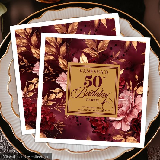Modern Boho Maroon Blush Gold 50th Birthday Napkin