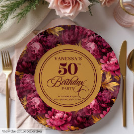 Modern Boho Maroon Blush Gold 50th Birthday Plate ペーパープレート