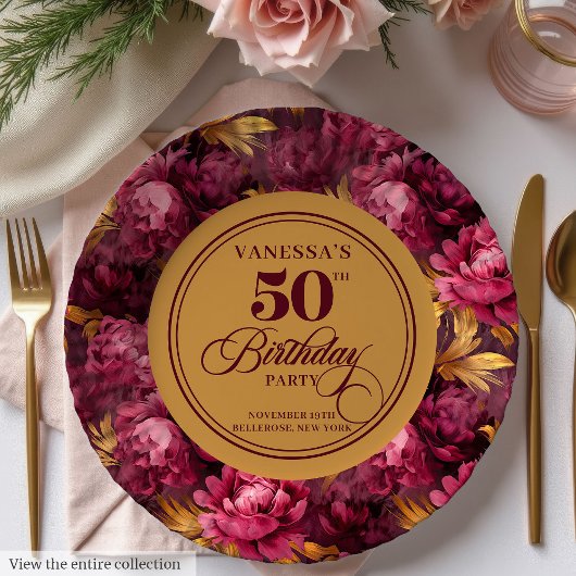 Modern Boho Maroon Blush Gold 50th Birthday Plate ペーパープレート
