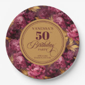 Modern Boho Maroon Blush Gold 50th Birthday Plate ペーパープレート (正面)