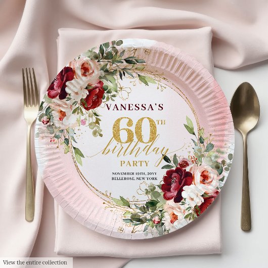 Modern Boho Maroon Blush Gold Floral Paper Plates ペーパープレート