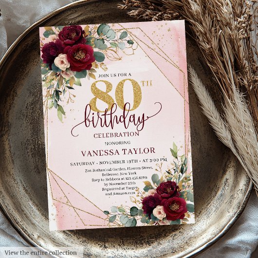 Modern Boho Maroon Gold Roses 80th Birthday Invite 招待状