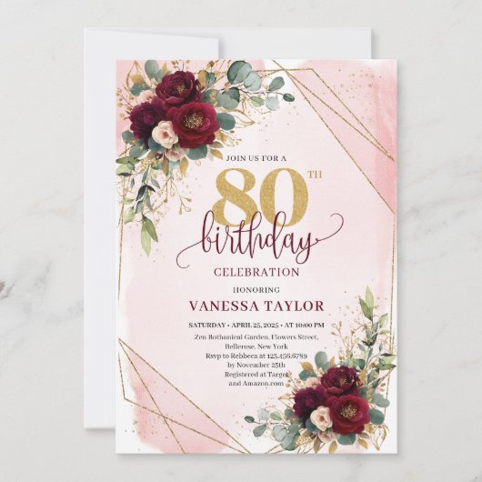 Modern Boho Maroon Gold Roses 80th Birthday Invite 招待状 (正面)