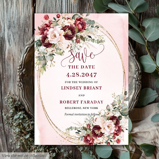 Modern Boho Merlot Blush Gold Floral Save Date 招待状