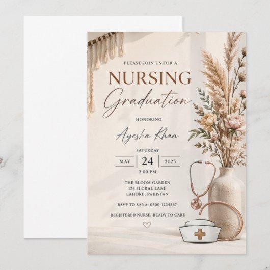Modern Boho Nursing Graduation Invite | Geometric  招待状 (正面/裏面)