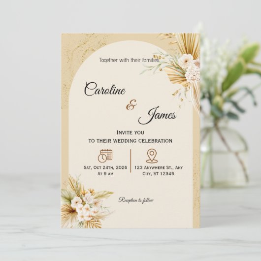 Modern Boho Pampas Grass Arch Wedding Invitation 招待状 (スタンド正面)