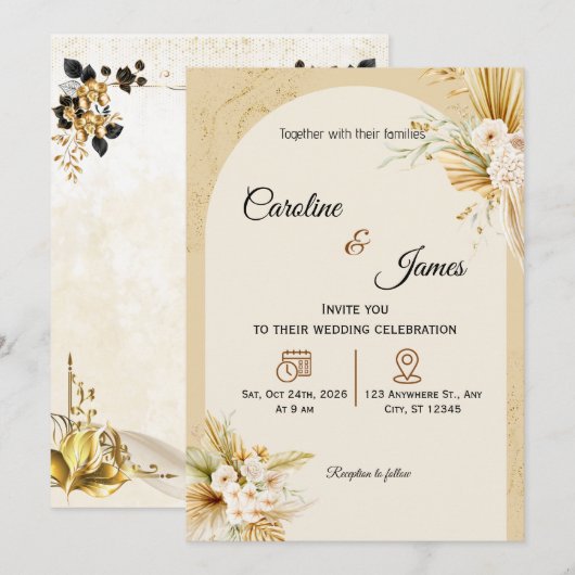 Modern Boho Pampas Grass Arch Wedding Invitation 招待状 (正面/裏面)