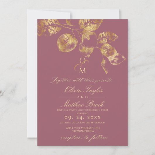 Modern Boho Pantone & Gold Wedding Invitation 招待状 (正面)