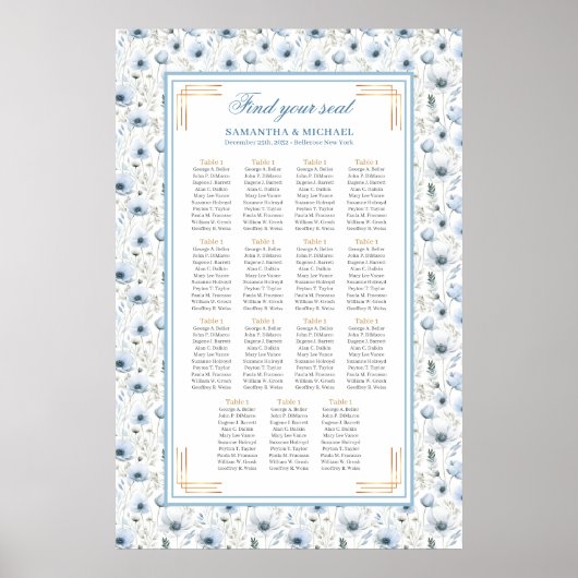 Modern Boho Pastel Blue Gold Glitter Seating Chart ポスター (正面)