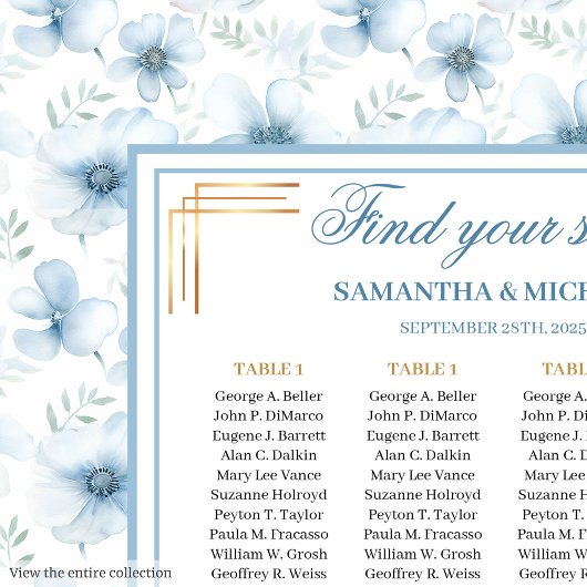 Modern Boho Pastel Blue Gold Glitter Seating Chart ポスター