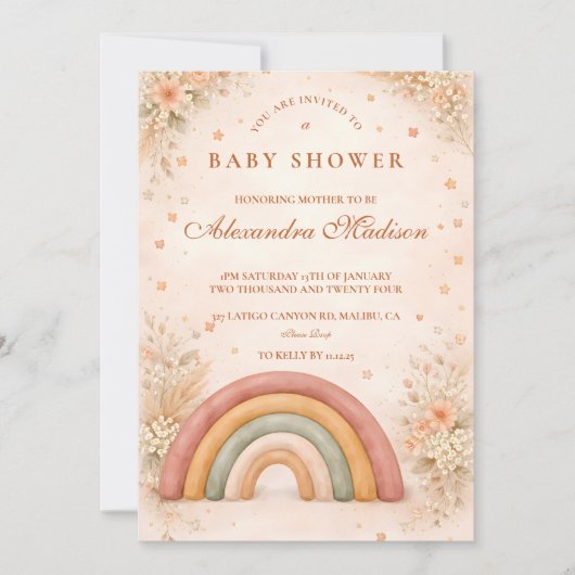 Modern Boho Rainbow Baby Shower 招待状 (正面)